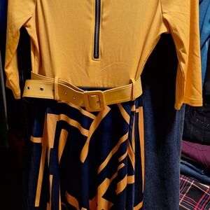 SHEIN Yellow and Navy BlueBelted Dress